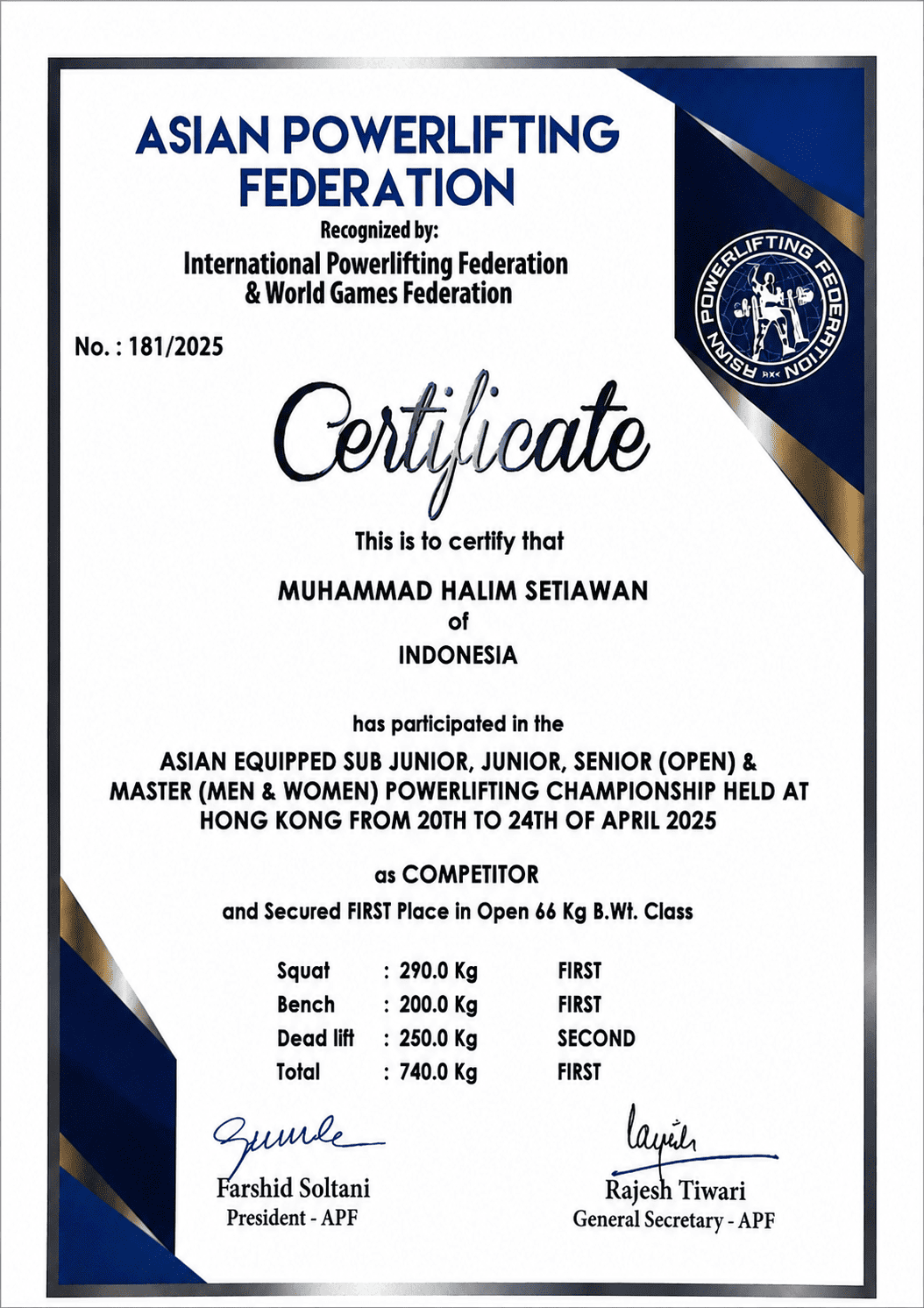 Muhammad Halim Setiawan Achieves Outstanding Success at the 2025 Asian Powerlifting Championship